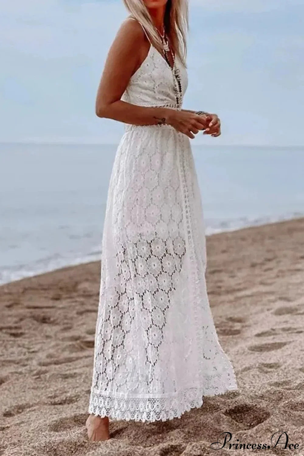 White Hollow Out Lace Strapless Sexy Split Midi Boho Dress