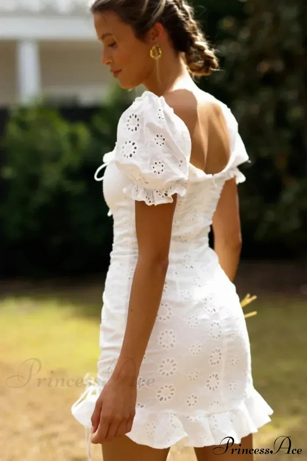 White Lace Cotton Short Sleeve Bodycon Mini Boho Dress