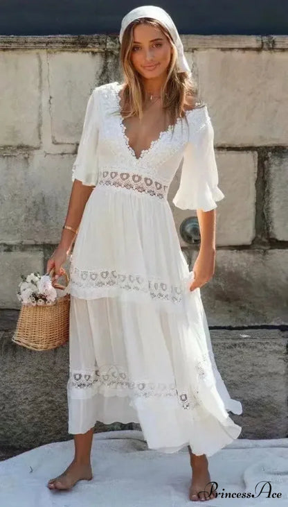 White Long Dress Hollow Waist Deep V-neck Dress