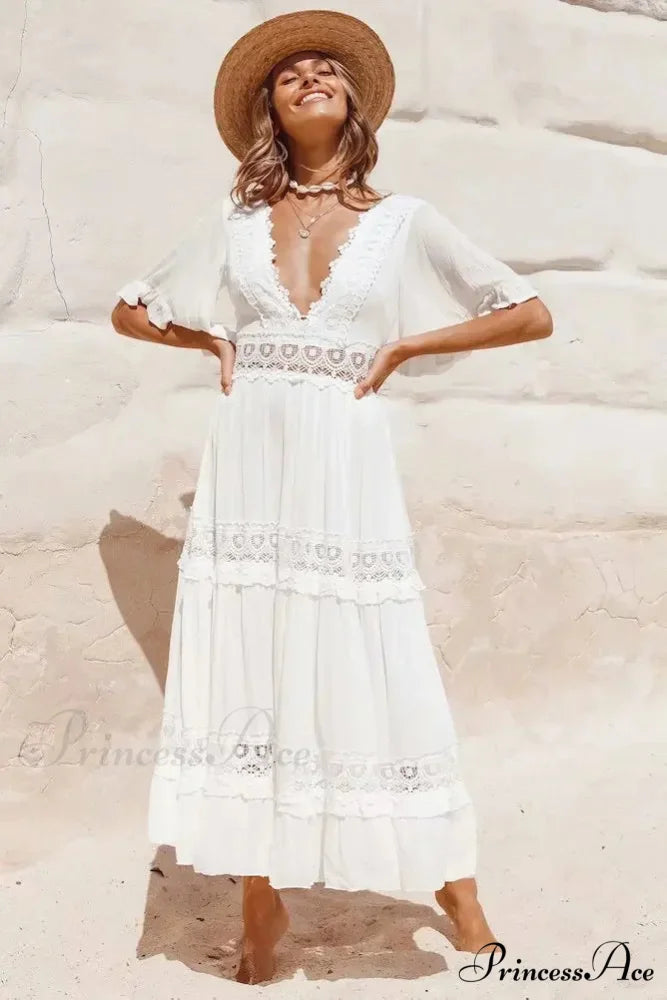 White Long Dress Hollow Waist Deep V-neck Dress