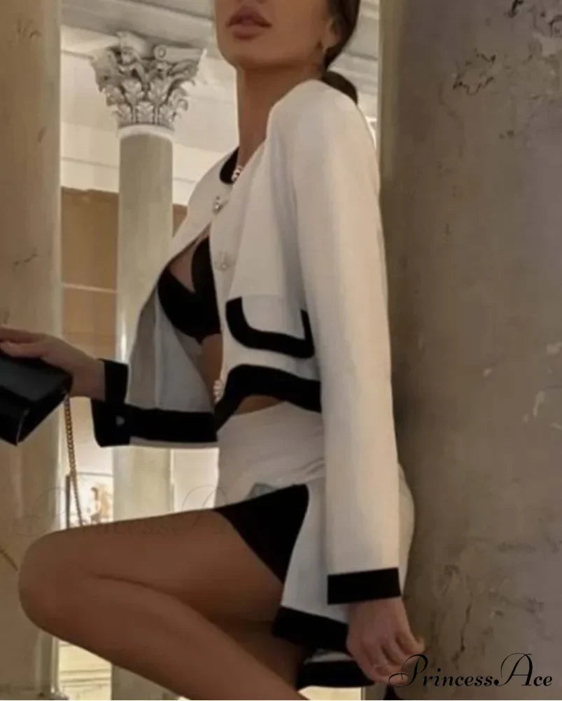 White patchwork side-slit mini office two-piece set from Hicosy — view 2