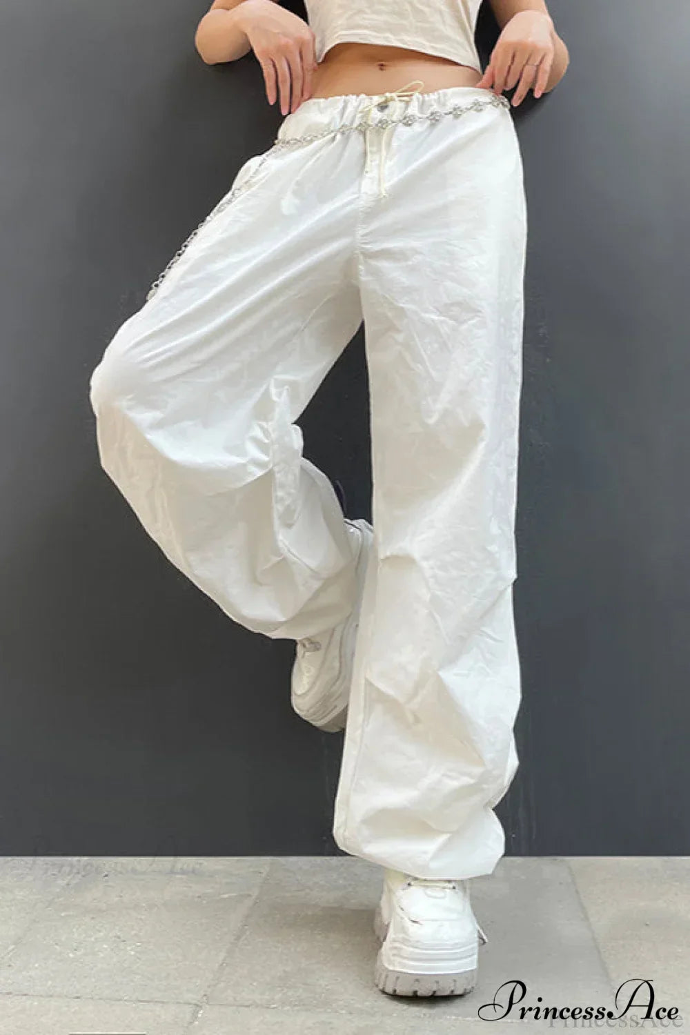 Woman wearing Woven Wide-Leg Multi-Pocket Cargos from Hicosy — view 3