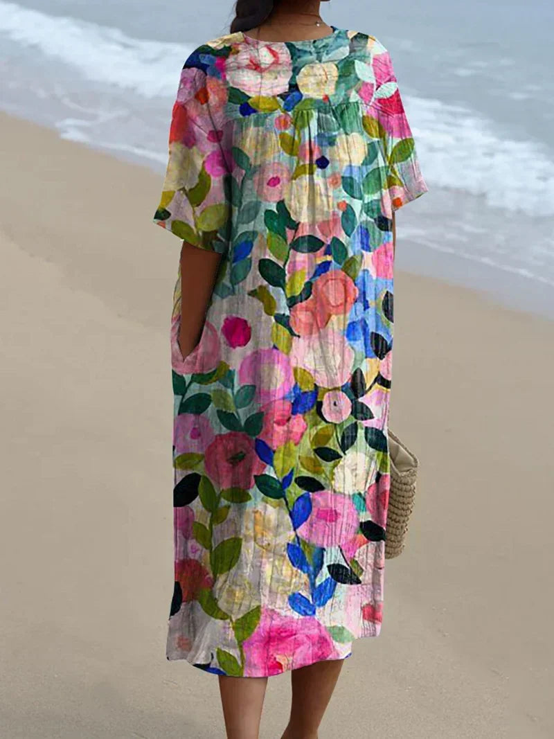 Floral V Neck Short Sleeve Oversized Casual Midi Dress