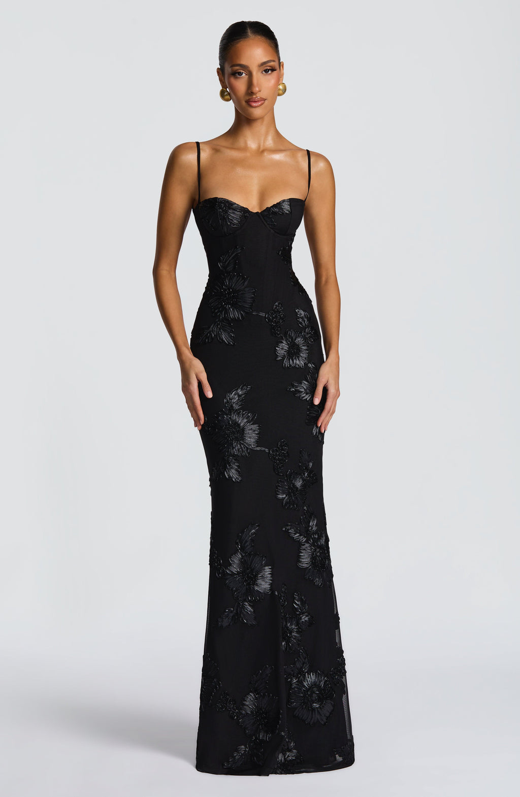 Floral Appliqué Corset Bodice Spaghetti Strap Mermaid Maxi Dress - Formal Evening Gown