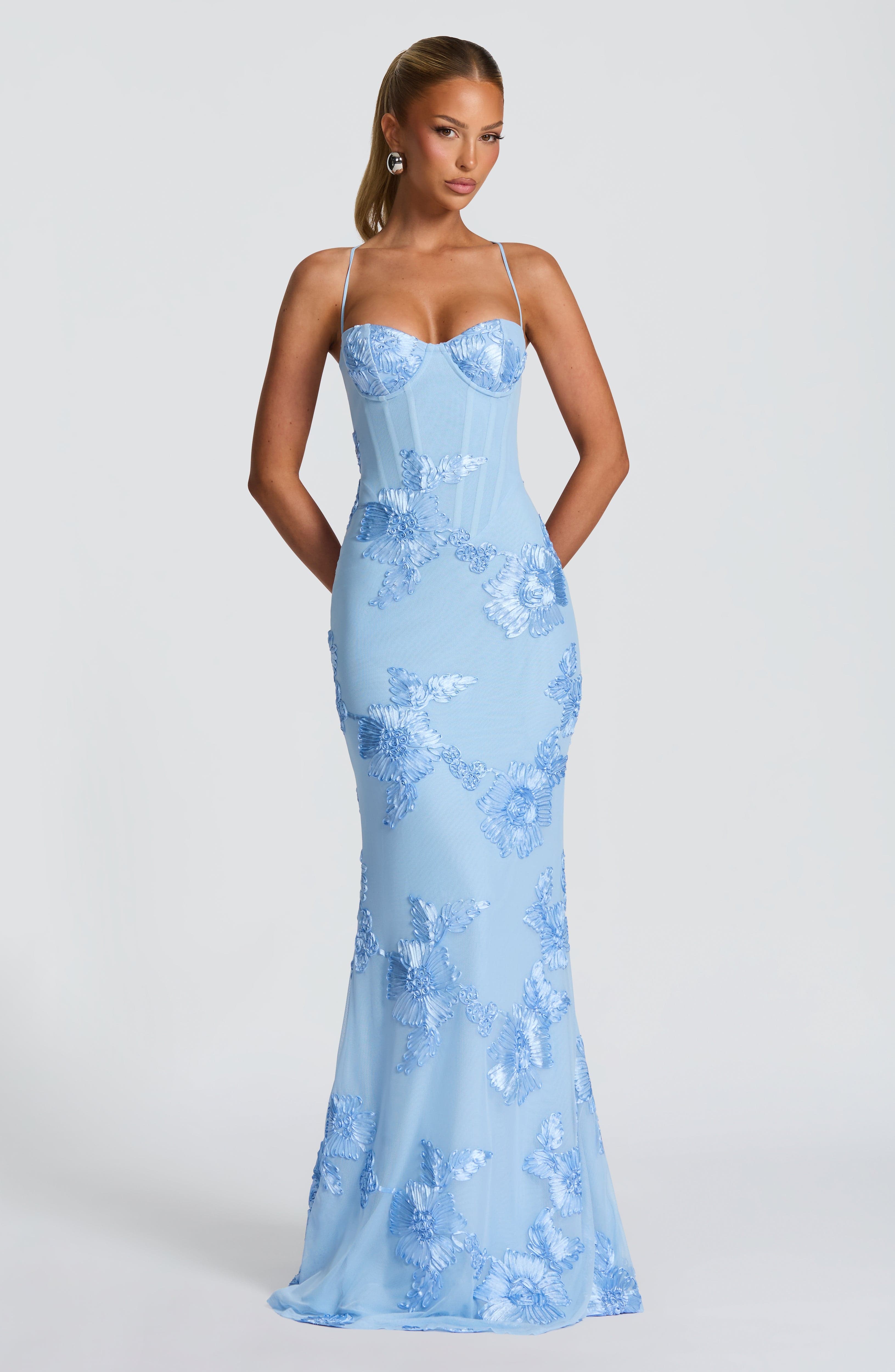 Floral Appliqué Corset Bodice Spaghetti Strap Mermaid Maxi Dress - Formal Evening Gown