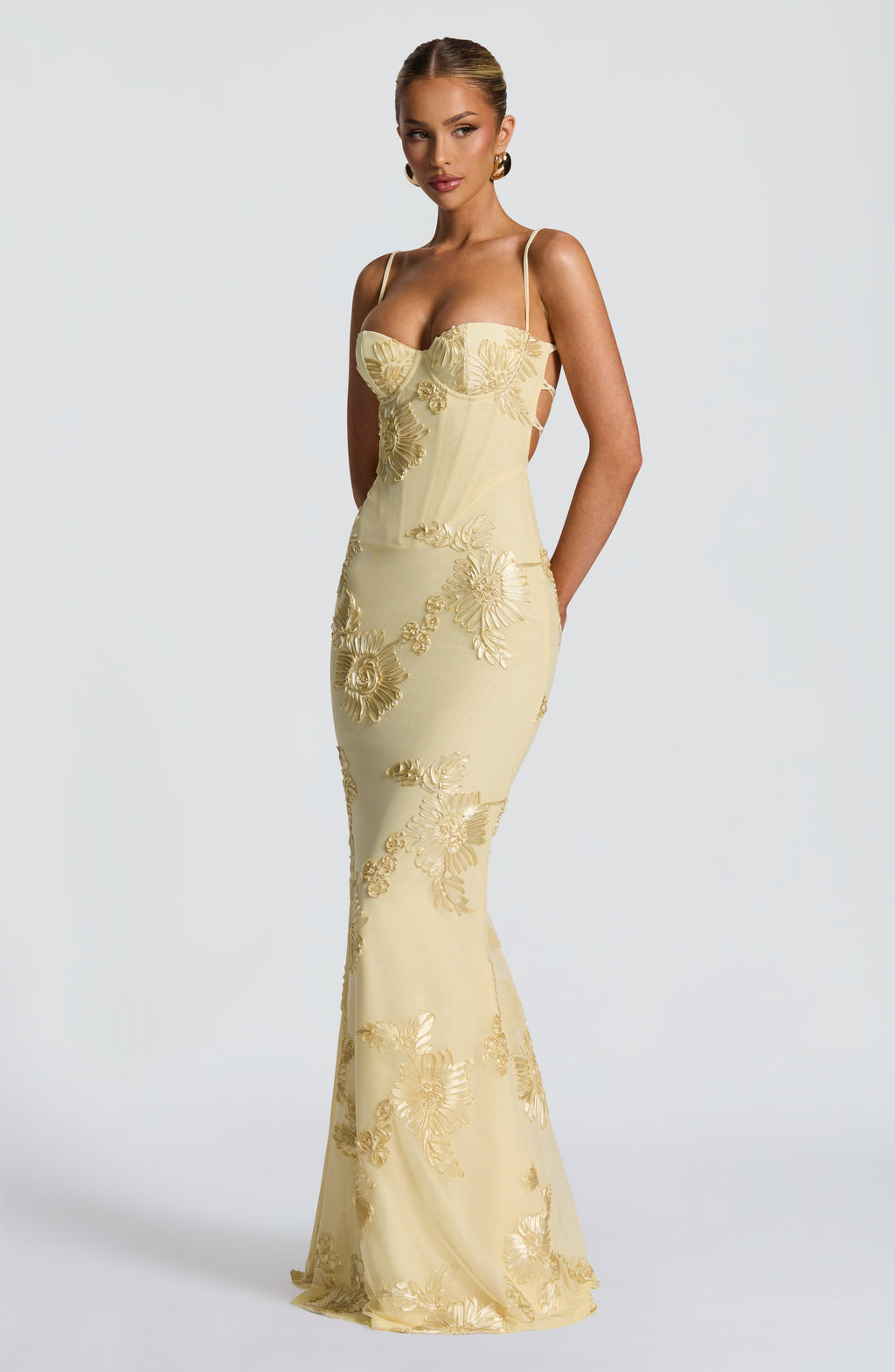 Floral Appliqué Corset Bodice Spaghetti Strap Mermaid Maxi Dress - Formal Evening Gown