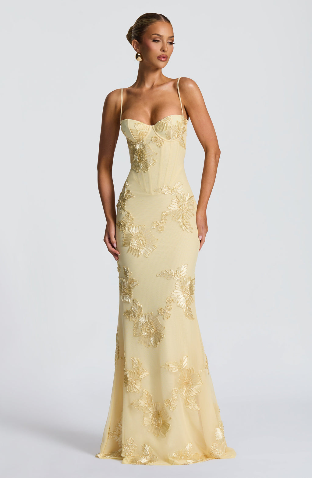 Floral Appliqué Corset Bodice Spaghetti Strap Mermaid Maxi Dress - Formal Evening Gown
