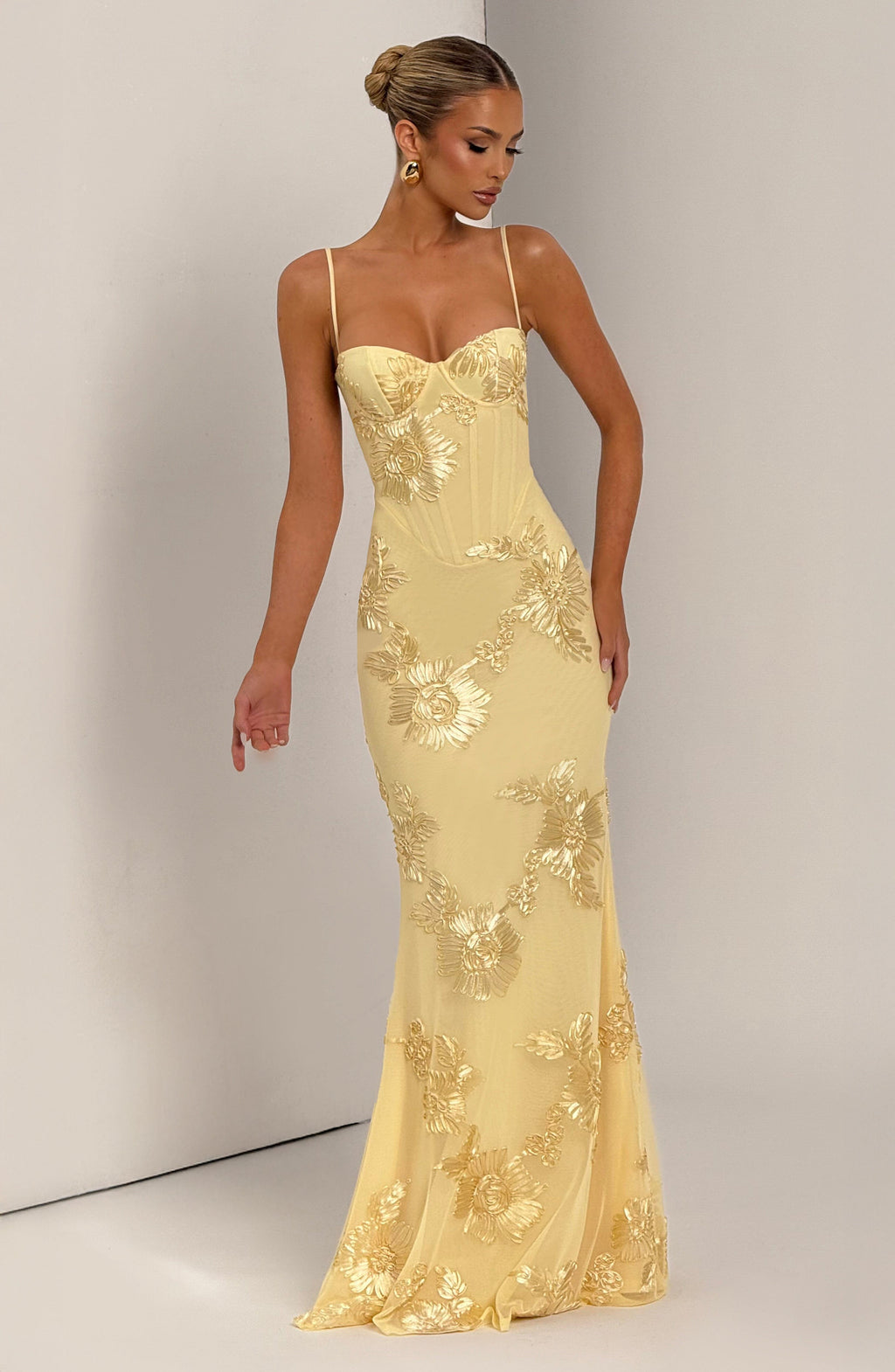Floral Appliqué Corset Bodice Spaghetti Strap Mermaid Maxi Dress - Formal Evening Gown