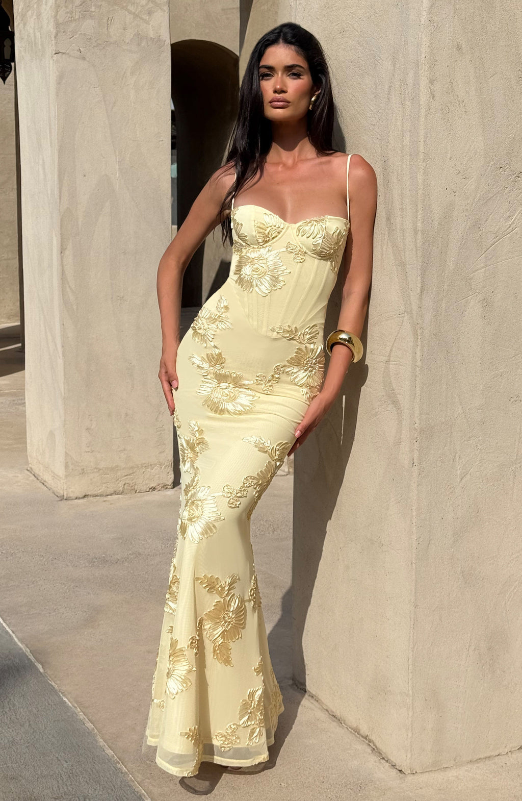 Floral Appliqué Corset Bodice Spaghetti Strap Mermaid Maxi Dress - Formal Evening Gown