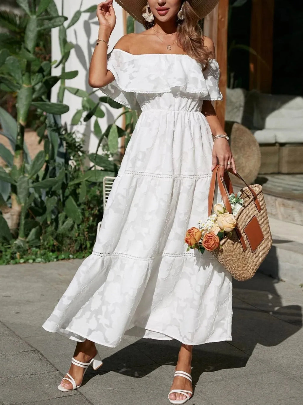 Jacquard Off Shoulder Ruffle Lace Trim Tiered Maxi Dress - Wedding Guest