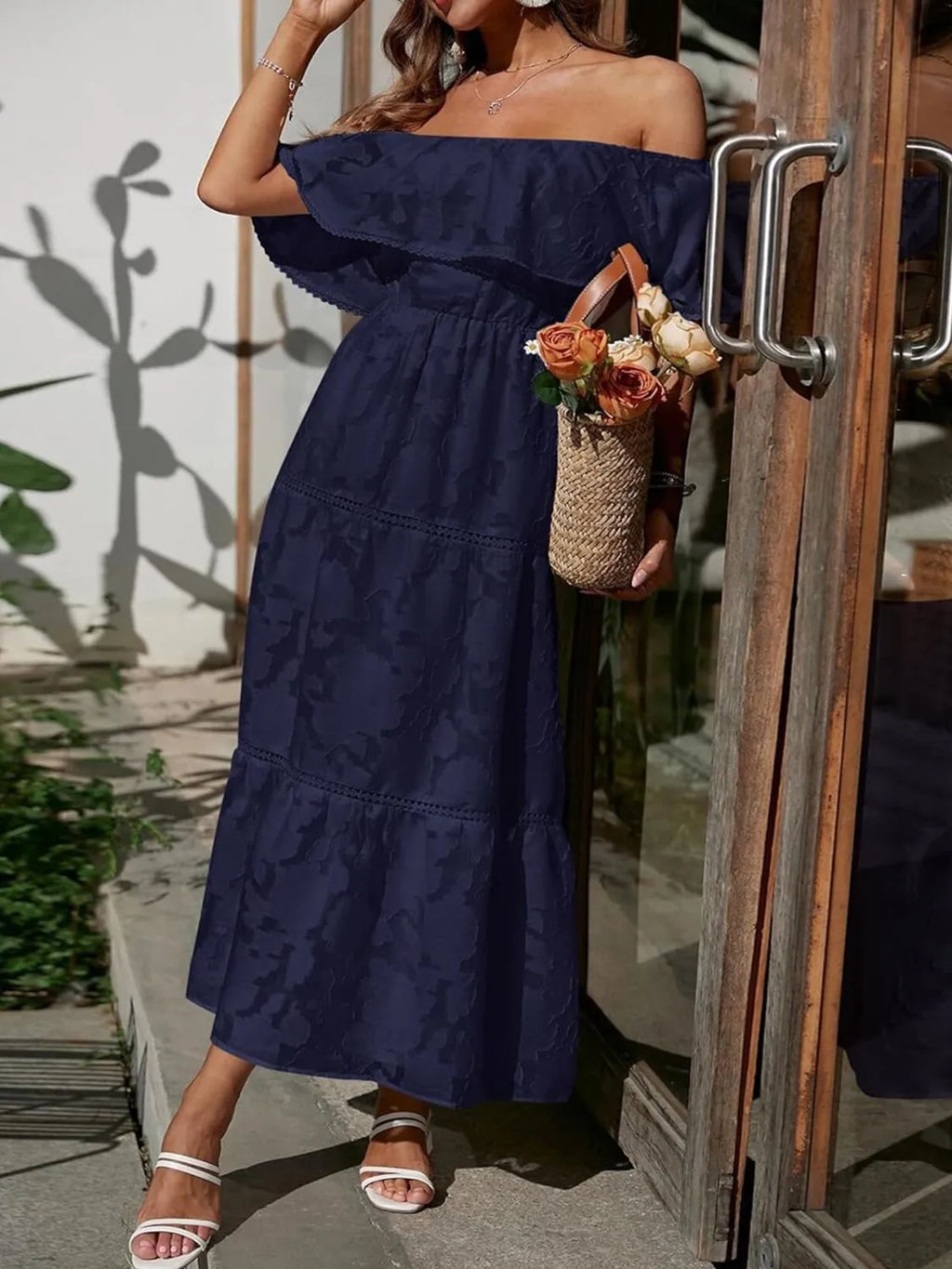 Jacquard Off Shoulder Ruffle Lace Trim Tiered Maxi Dress - Wedding Guest