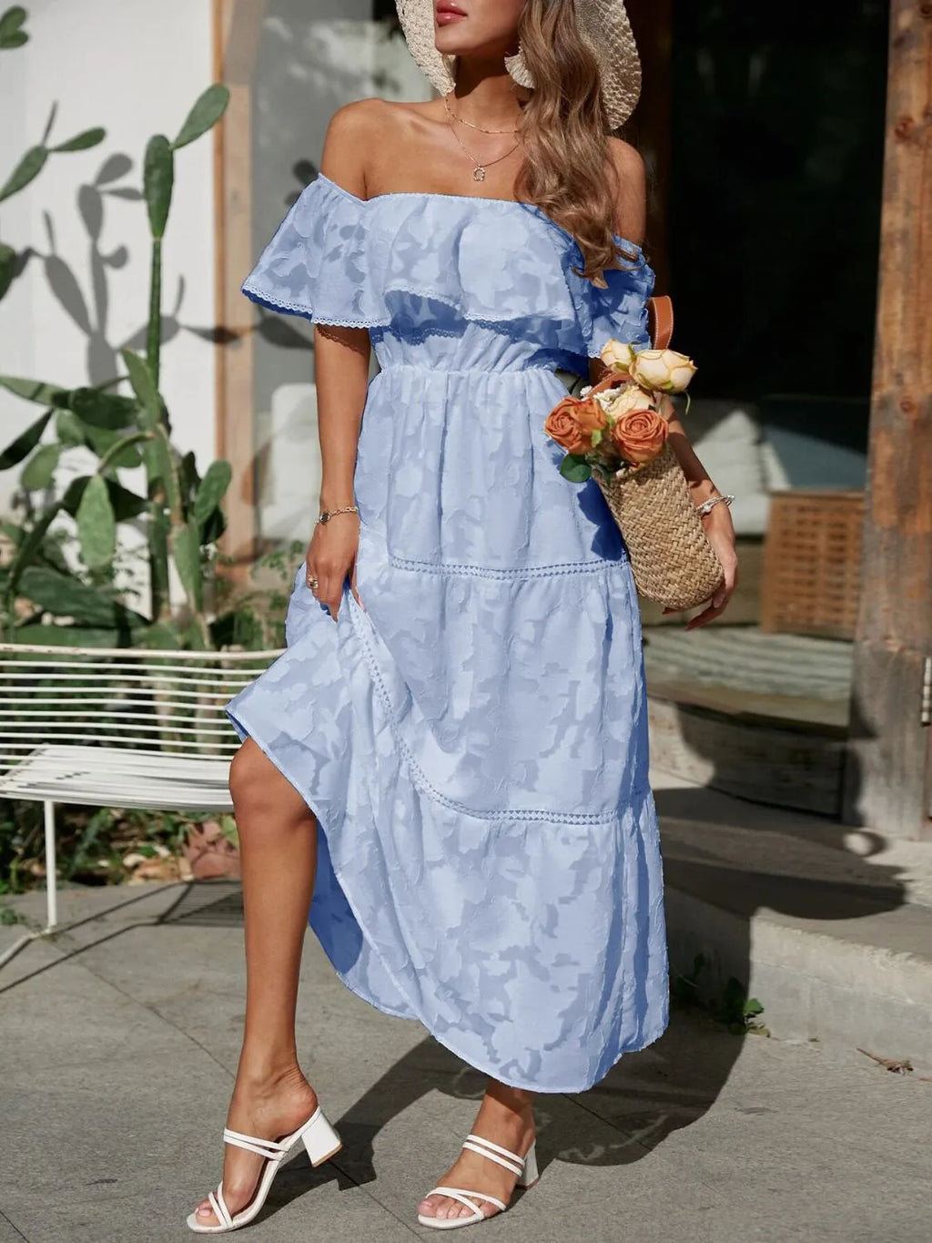 Jacquard Off Shoulder Ruffle Lace Trim Tiered Maxi Dress - Wedding Guest