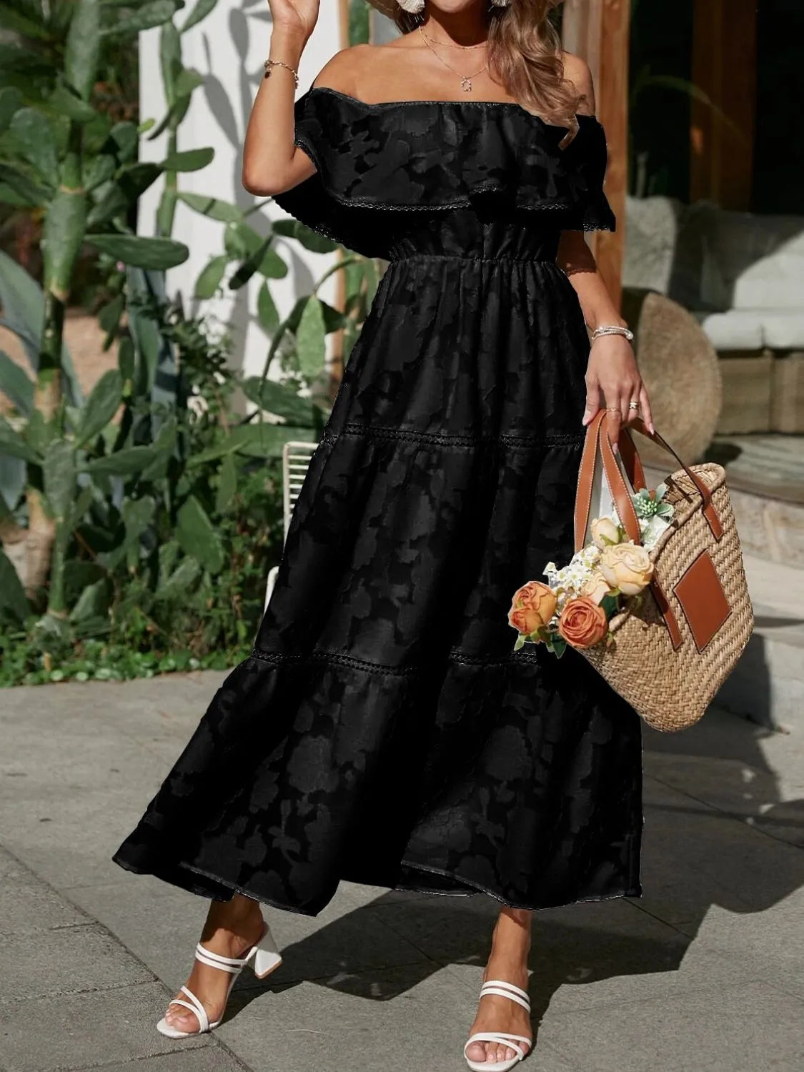 Jacquard Off Shoulder Ruffle Lace Trim Tiered Maxi Dress - Wedding Guest