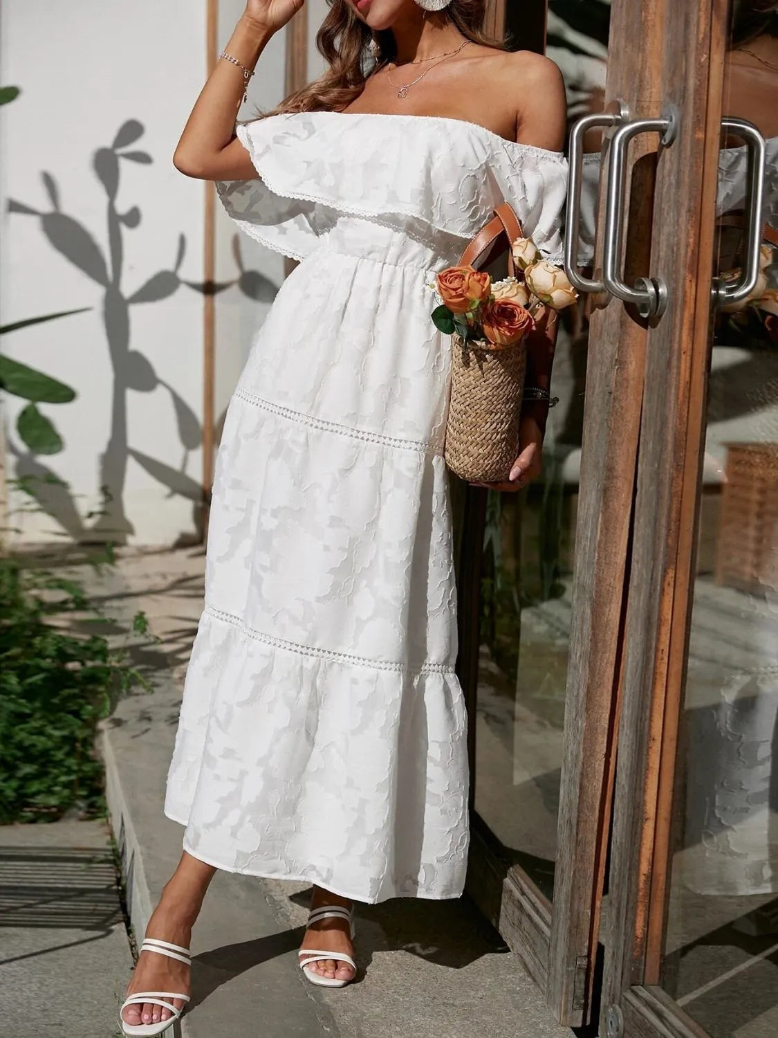 Jacquard Off Shoulder Ruffle Lace Trim Tiered Maxi Dress - Wedding Guest