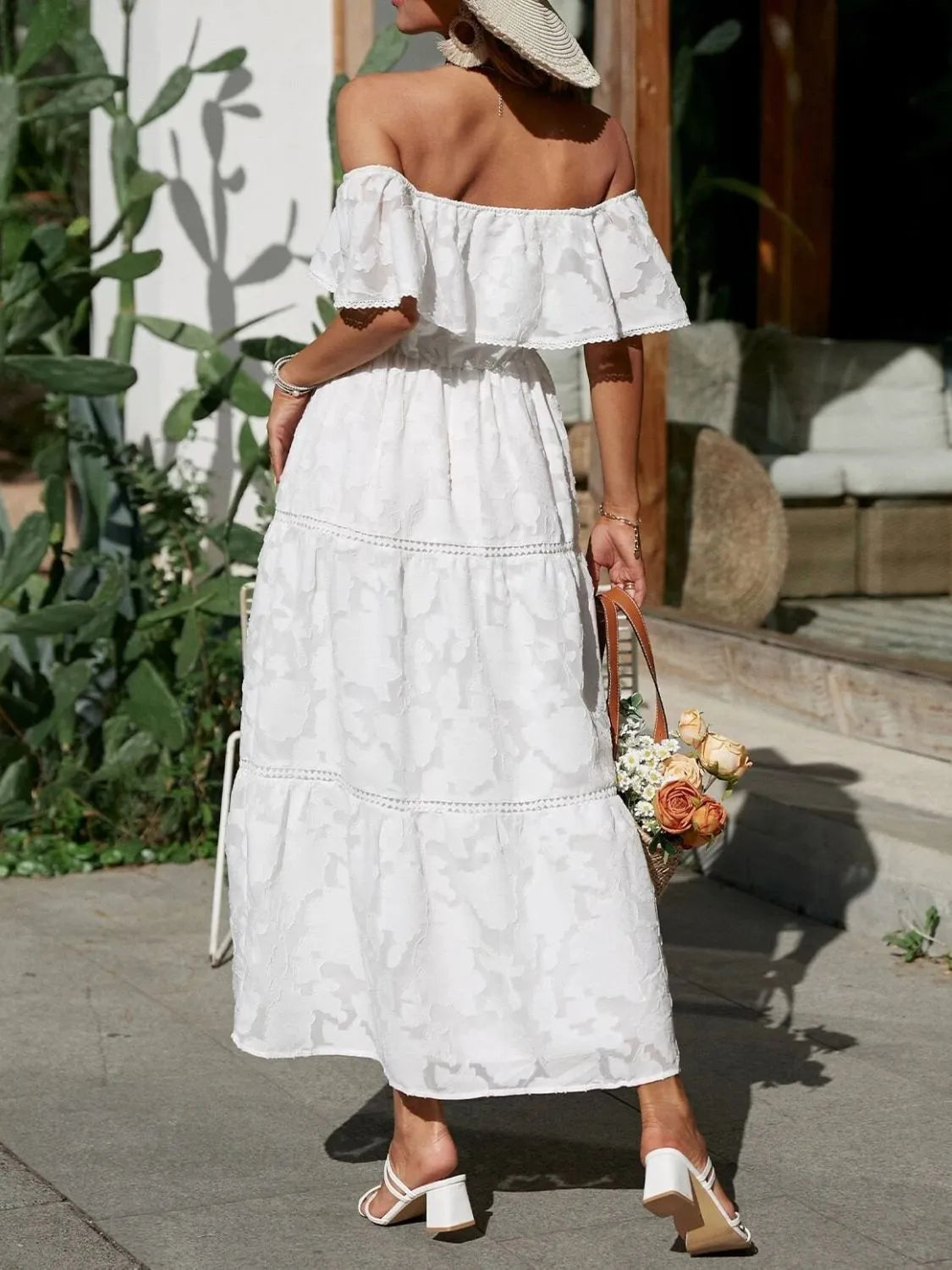 Jacquard Off Shoulder Ruffle Lace Trim Tiered Maxi Dress - Wedding Guest
