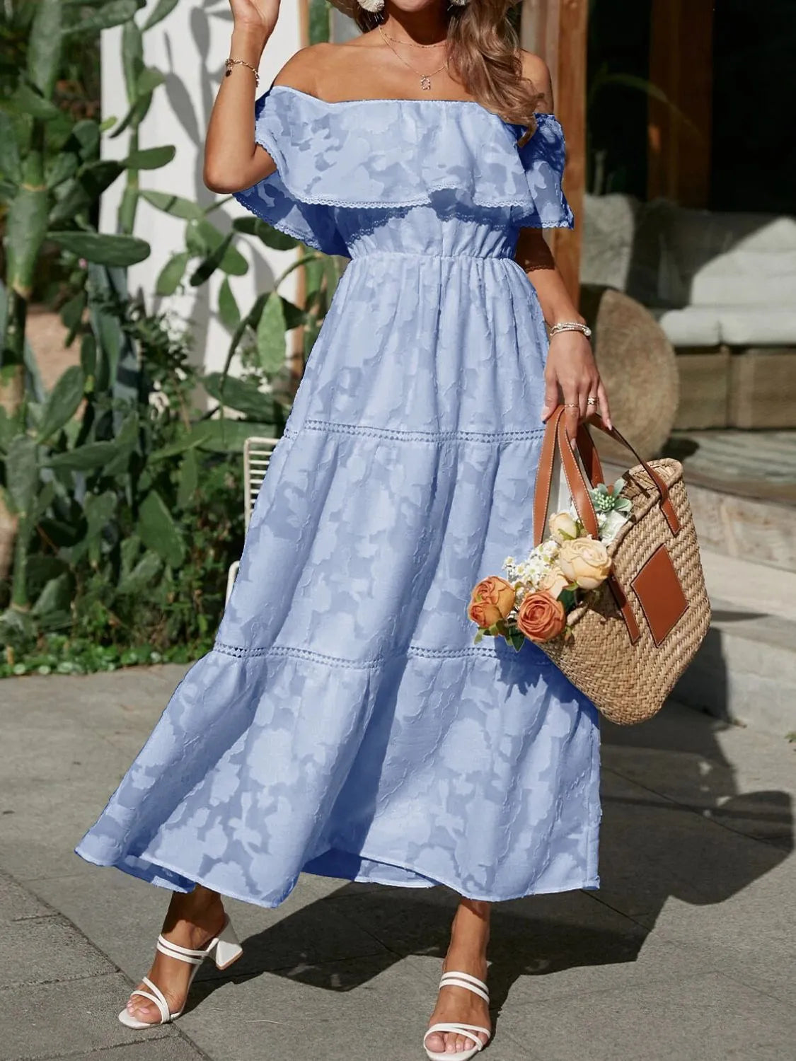 Jacquard Off Shoulder Ruffle Lace Trim Tiered Maxi Dress - Wedding Guest