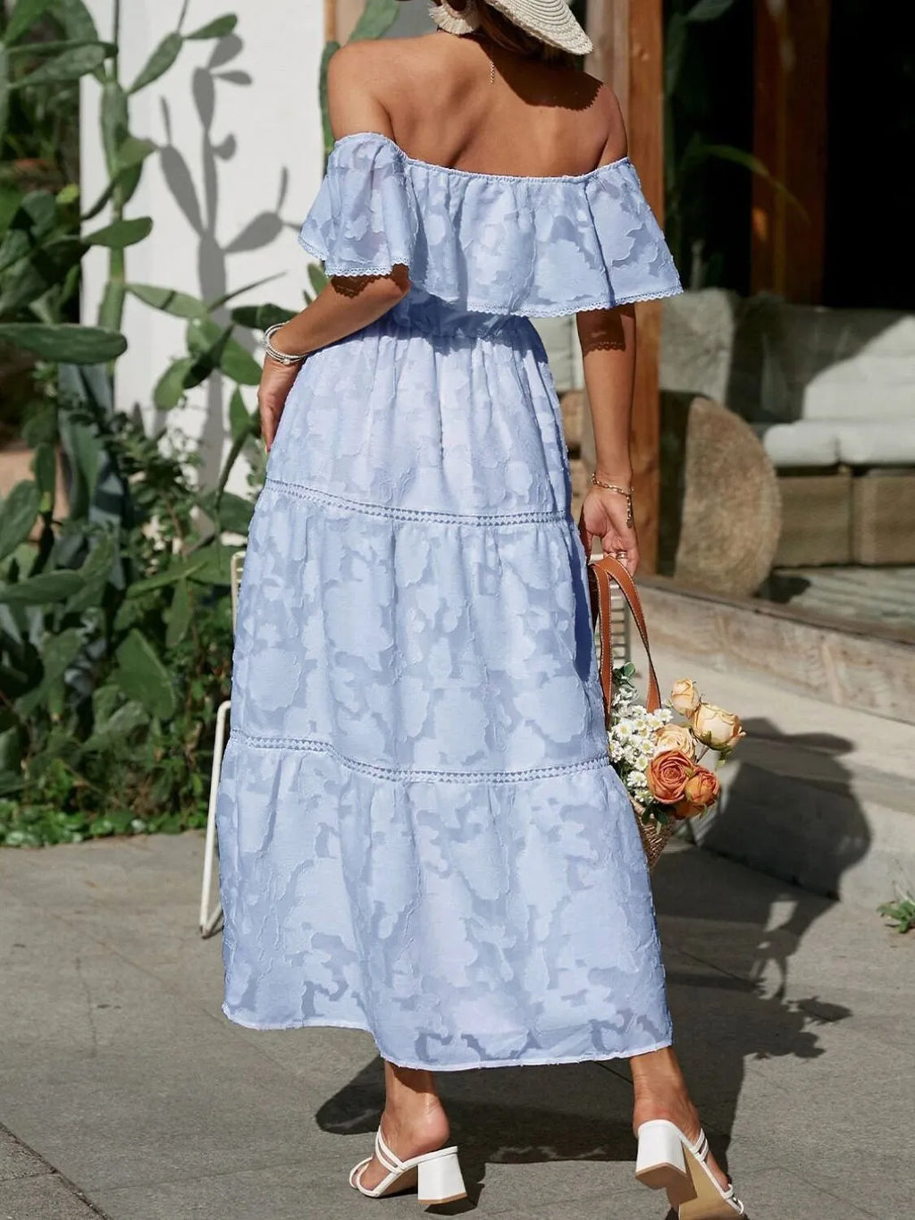 Jacquard Off Shoulder Ruffle Lace Trim Tiered Maxi Dress - Wedding Guest