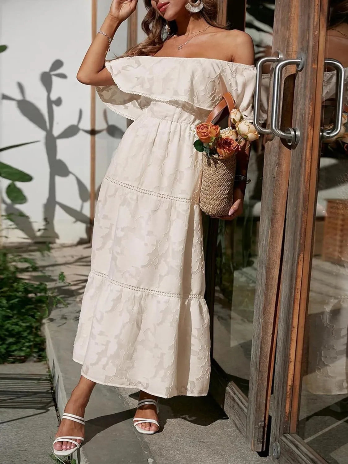 Jacquard Off Shoulder Ruffle Lace Trim Tiered Maxi Dress - Wedding Guest