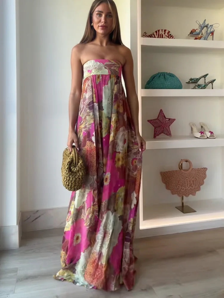 Bold Floral Strapless Empire Waist Flowy Maxi Dress - Wedding Guest