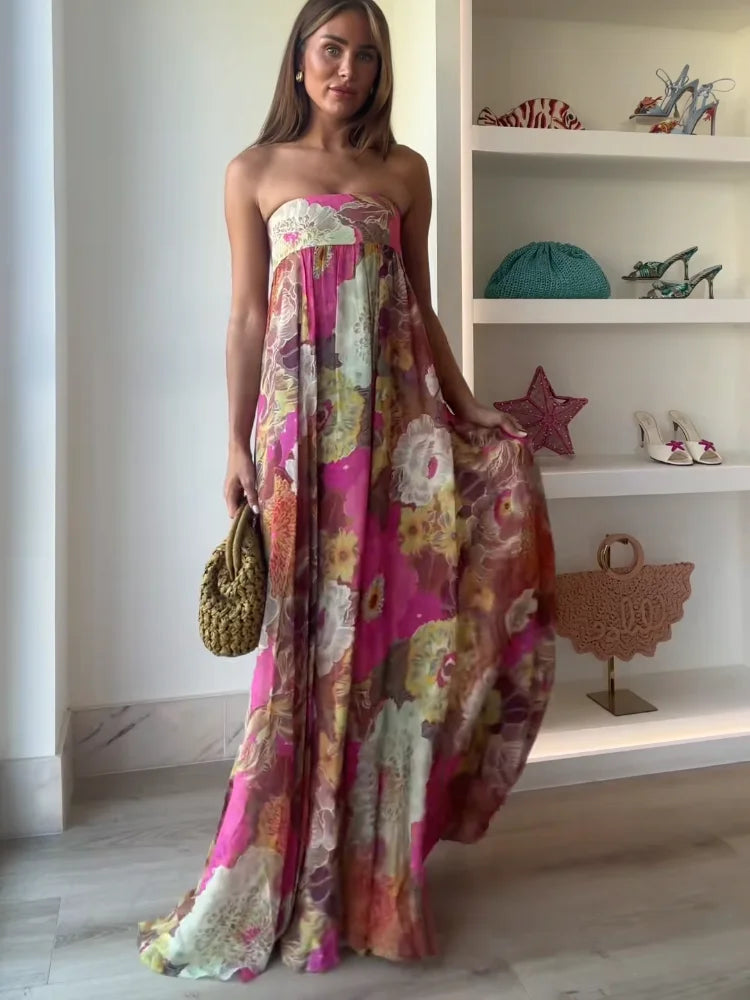 Bold Floral Strapless Empire Waist Flowy Maxi Dress - Wedding Guest
