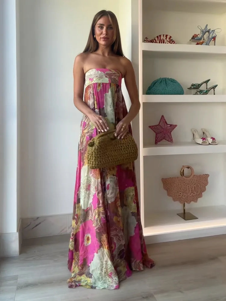 Bold Floral Strapless Empire Waist Flowy Maxi Dress - Wedding Guest