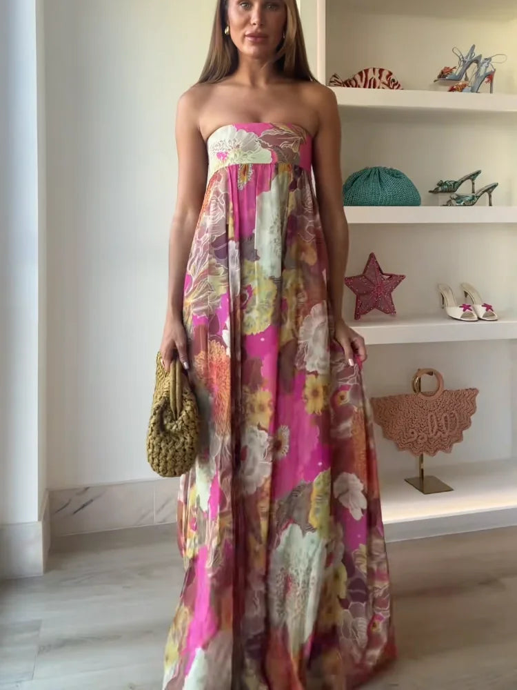 Bold Floral Strapless Empire Waist Flowy Maxi Dress - Wedding Guest