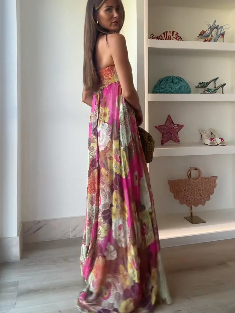 Bold Floral Strapless Empire Waist Flowy Maxi Dress - Wedding Guest