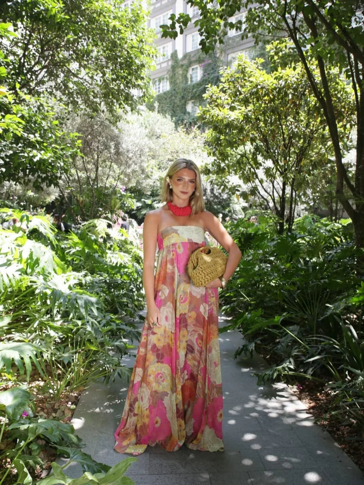 Bold Floral Strapless Empire Waist Flowy Maxi Dress - Wedding Guest