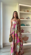 Bold Floral Strapless Empire Waist Flowy Maxi Dress - Wedding Guest