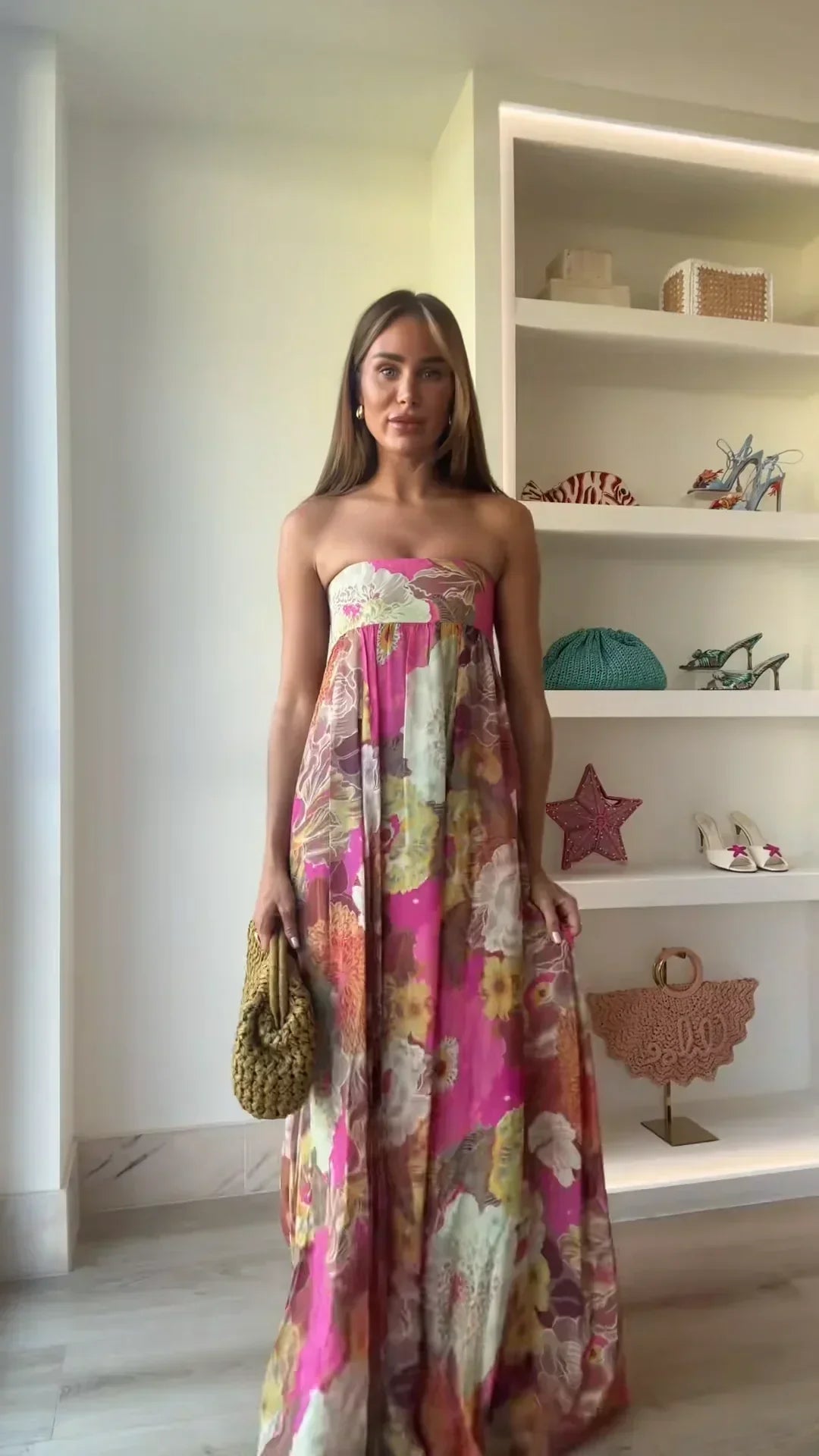Bold Floral Strapless Empire Waist Flowy Maxi Dress - Wedding Guest