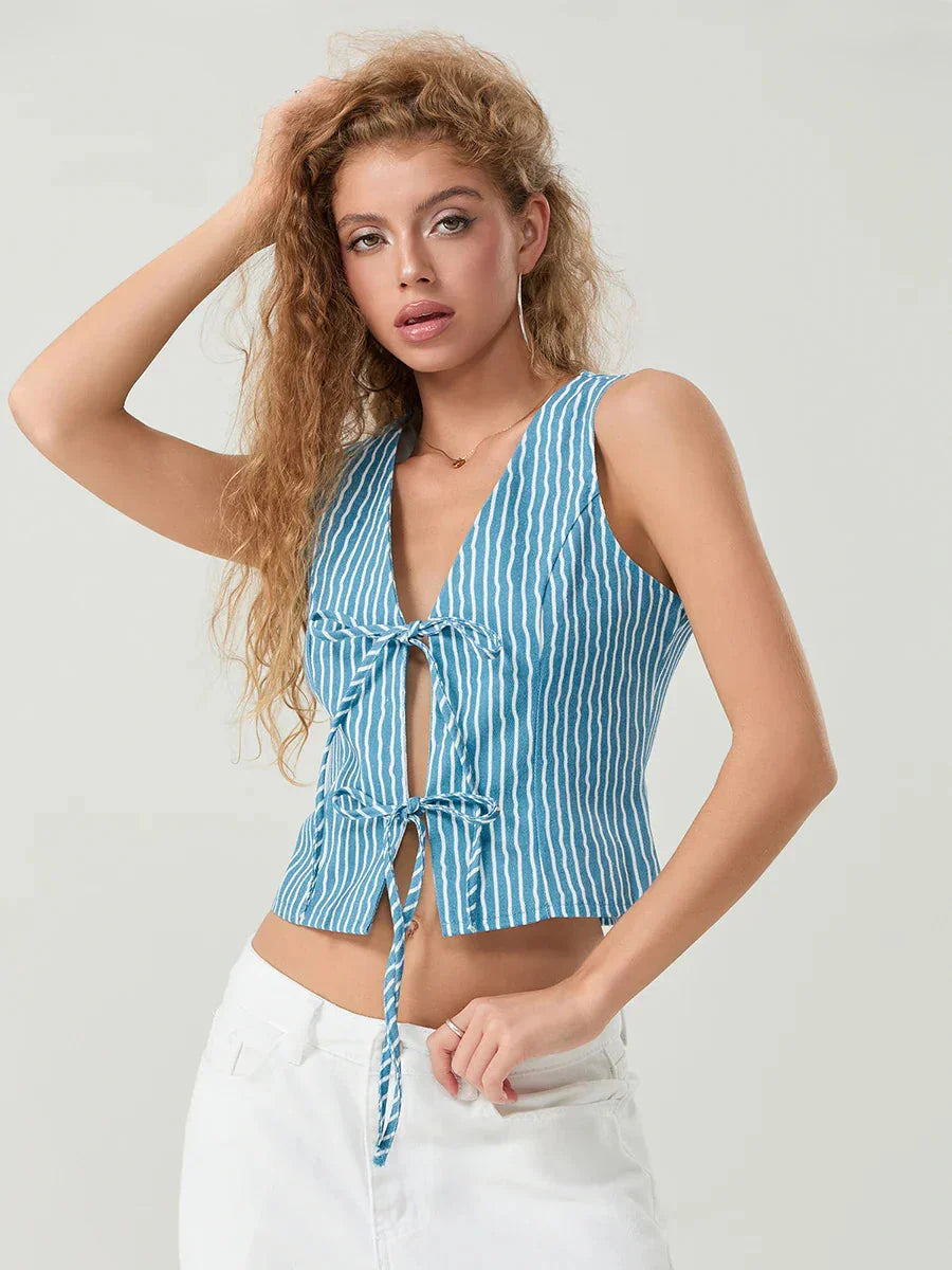 Elegant Bow Tied Front Striped Sleeveless V-neck Crop Tank