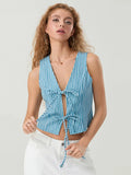 Elegant Bow Tied Front Striped Sleeveless V-neck Crop Tank