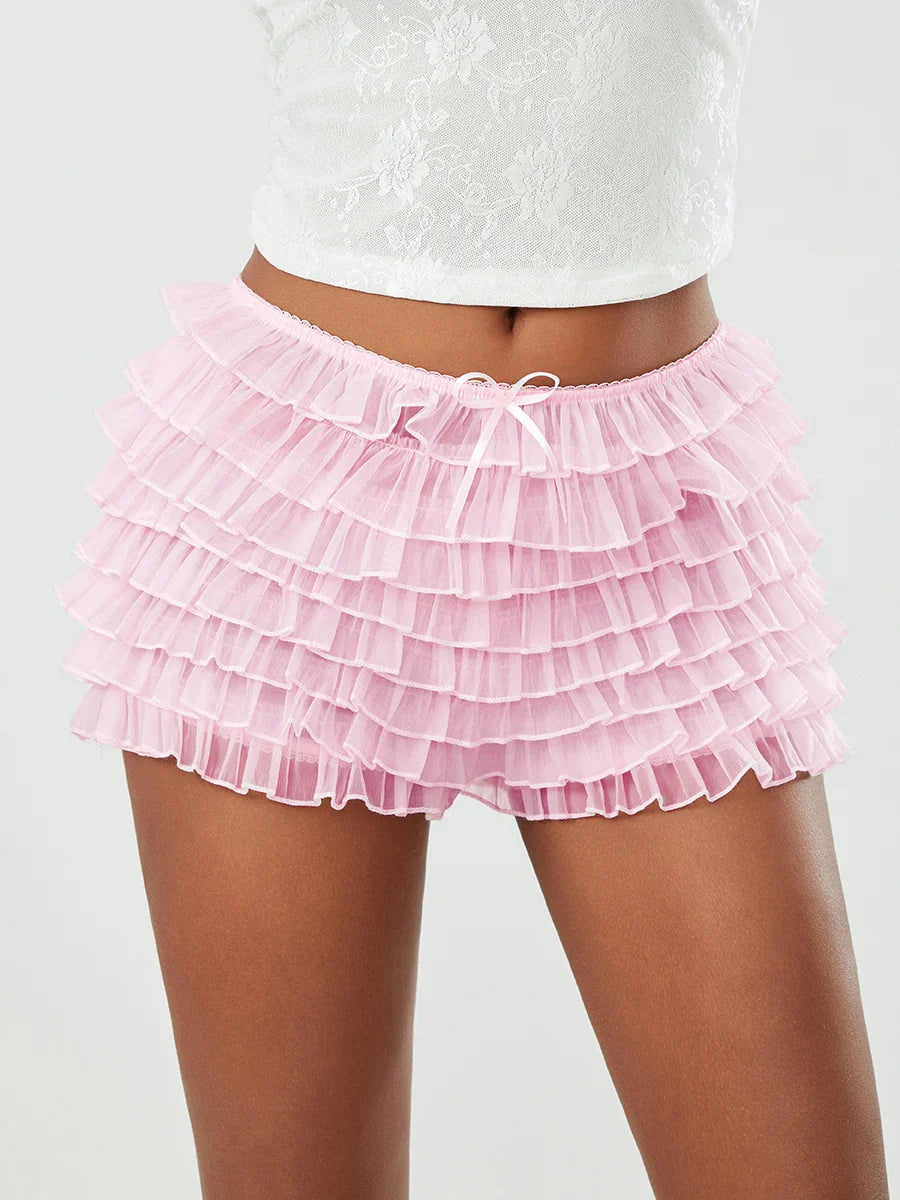 Mesh Bowknot Tiered Ruffle Short