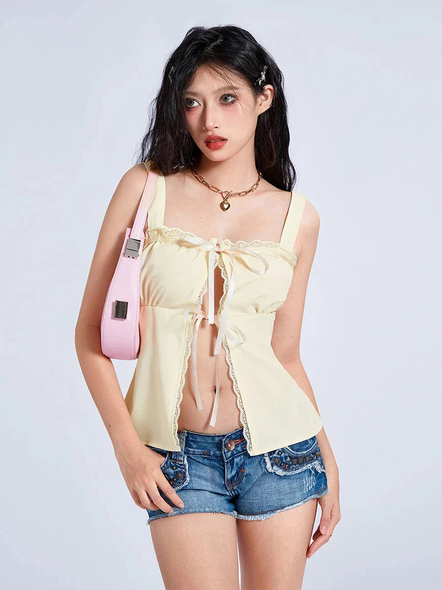 Sweet Lace Trim Tie-up Square Neck Slit Tank Vest