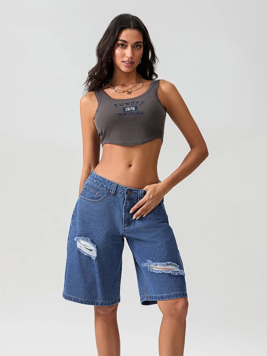Ripped Button Knee-Length Denim Short