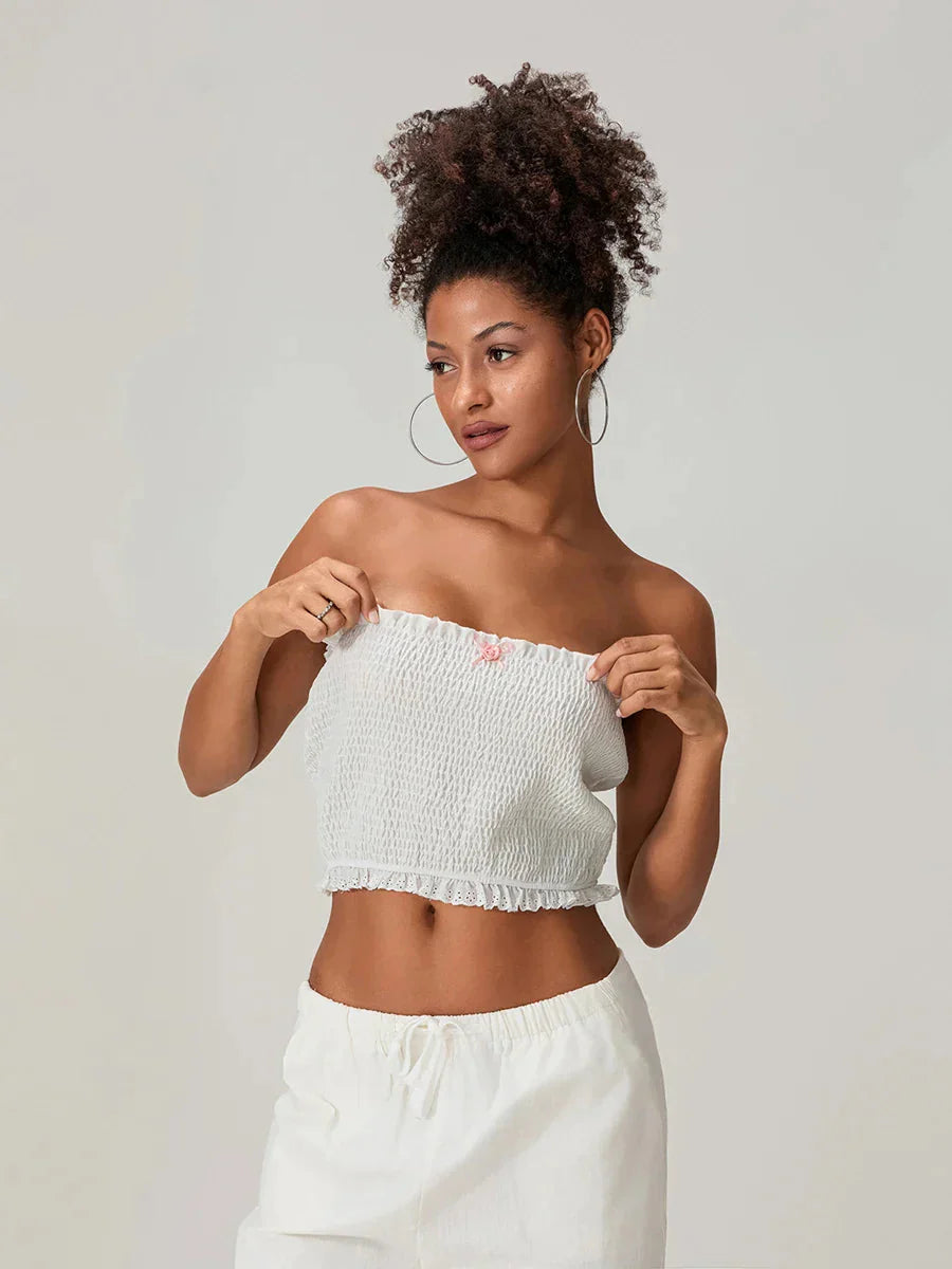 Bow Lace Smocked Strapless Backless Crop Bandeau Top