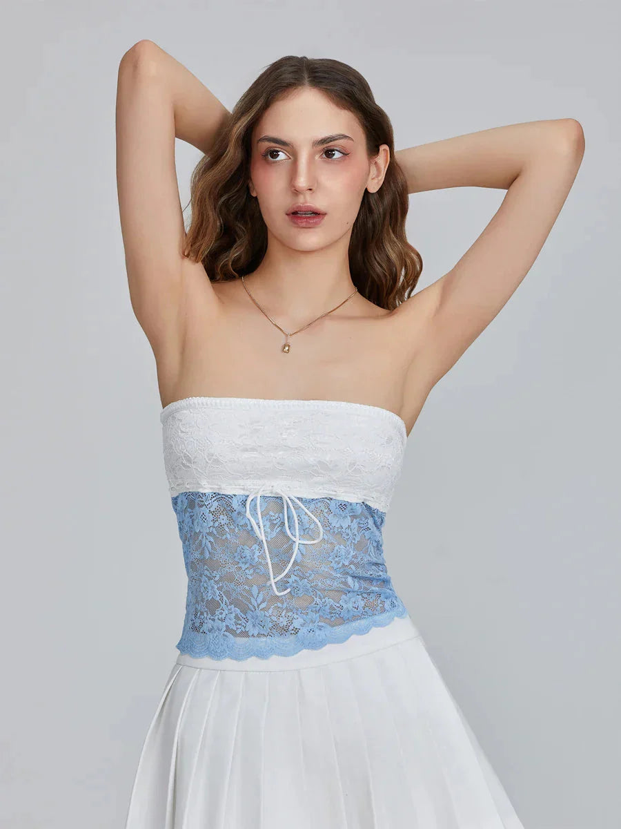 Floral Patchwork Bow Tie Front Off-shoulder Bandeau Top