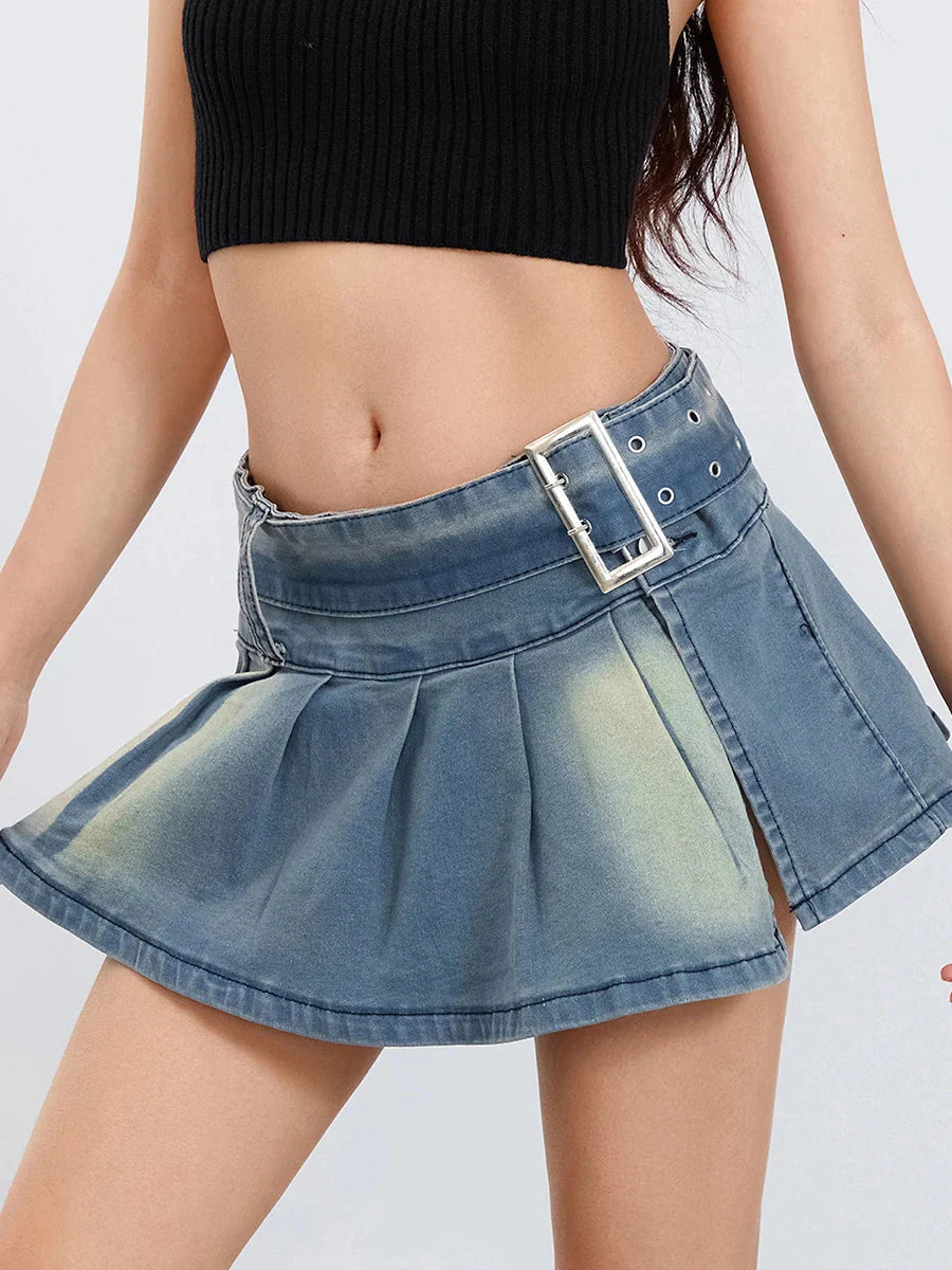 Belted Pleated A-Line Skirt