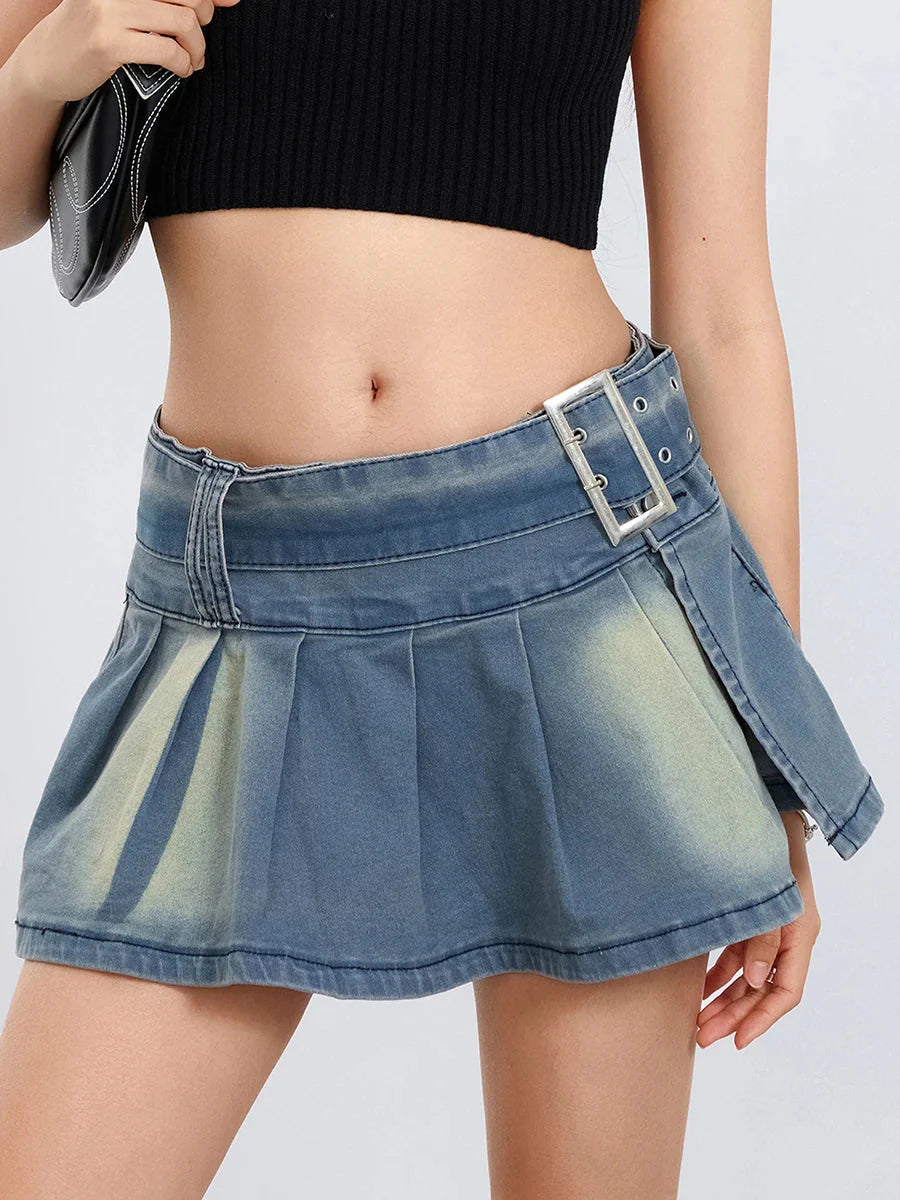 Belted Pleated A-Line Skirt