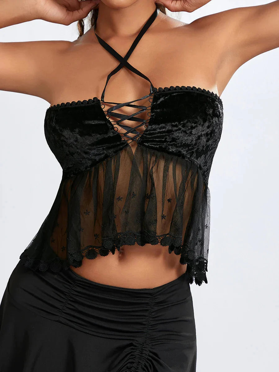 Sheer Mesh Halter Tie-up Strapless Backless Bandeau