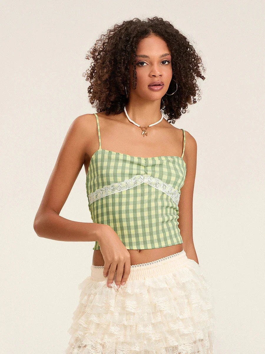 Plaid Lace Patchwork Spaghetti Strap Low-cut Crop Top