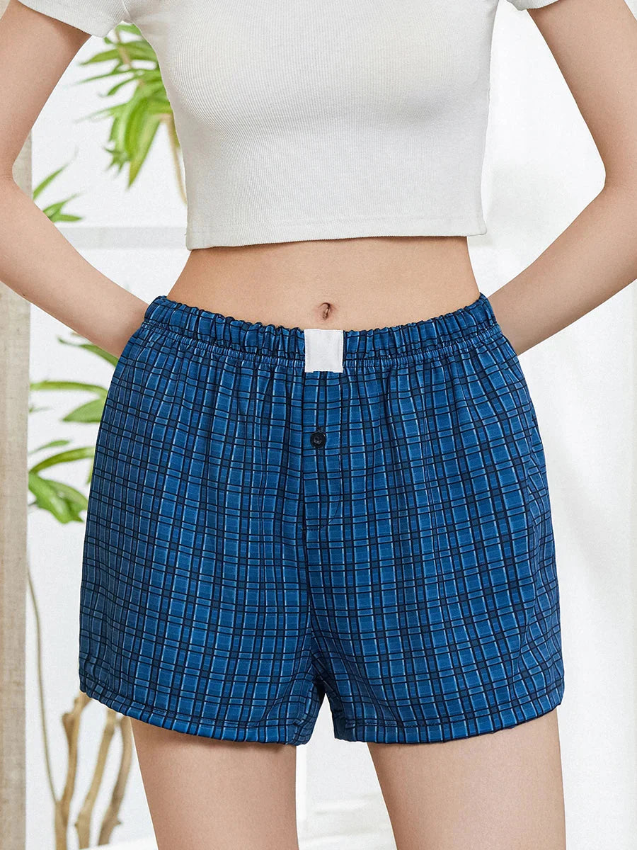 Solid Plaid Elastic Waist Short
