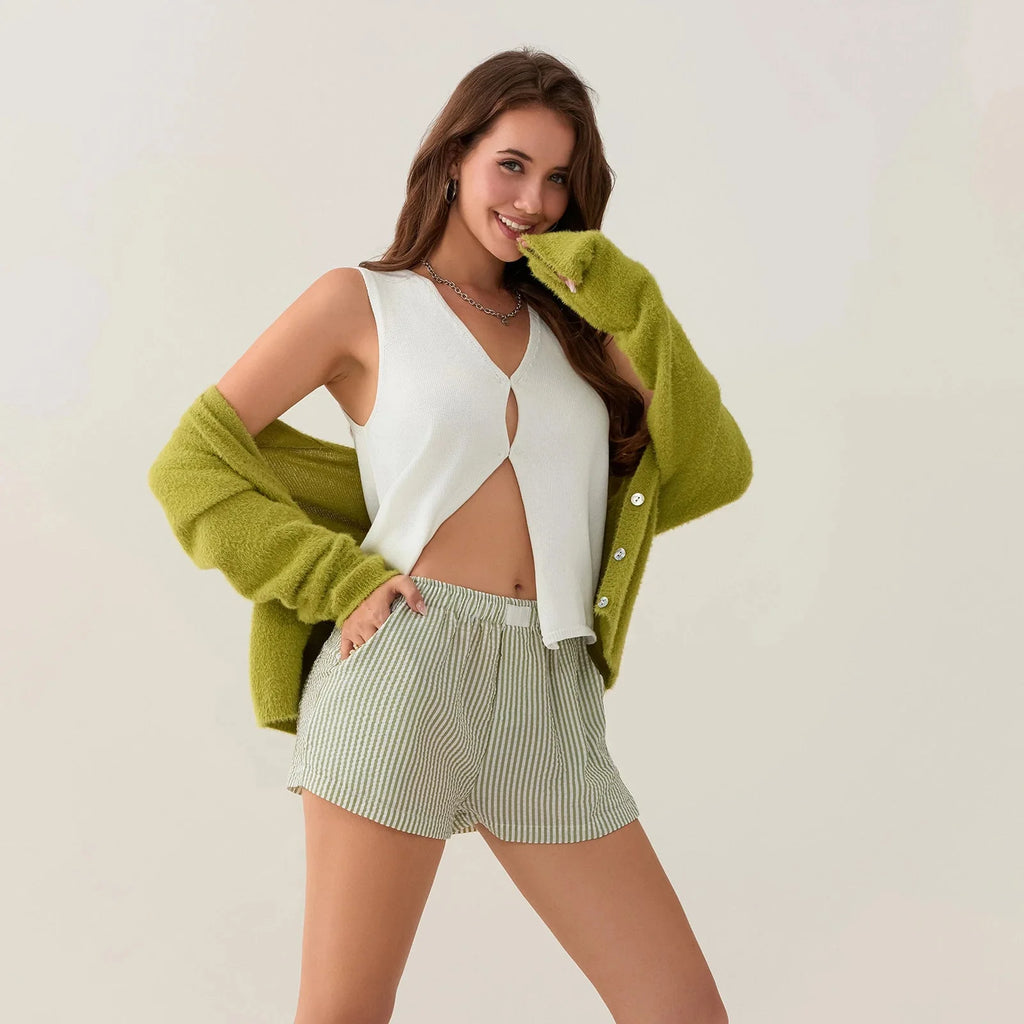 Striped Side Split Elastic Waist Short