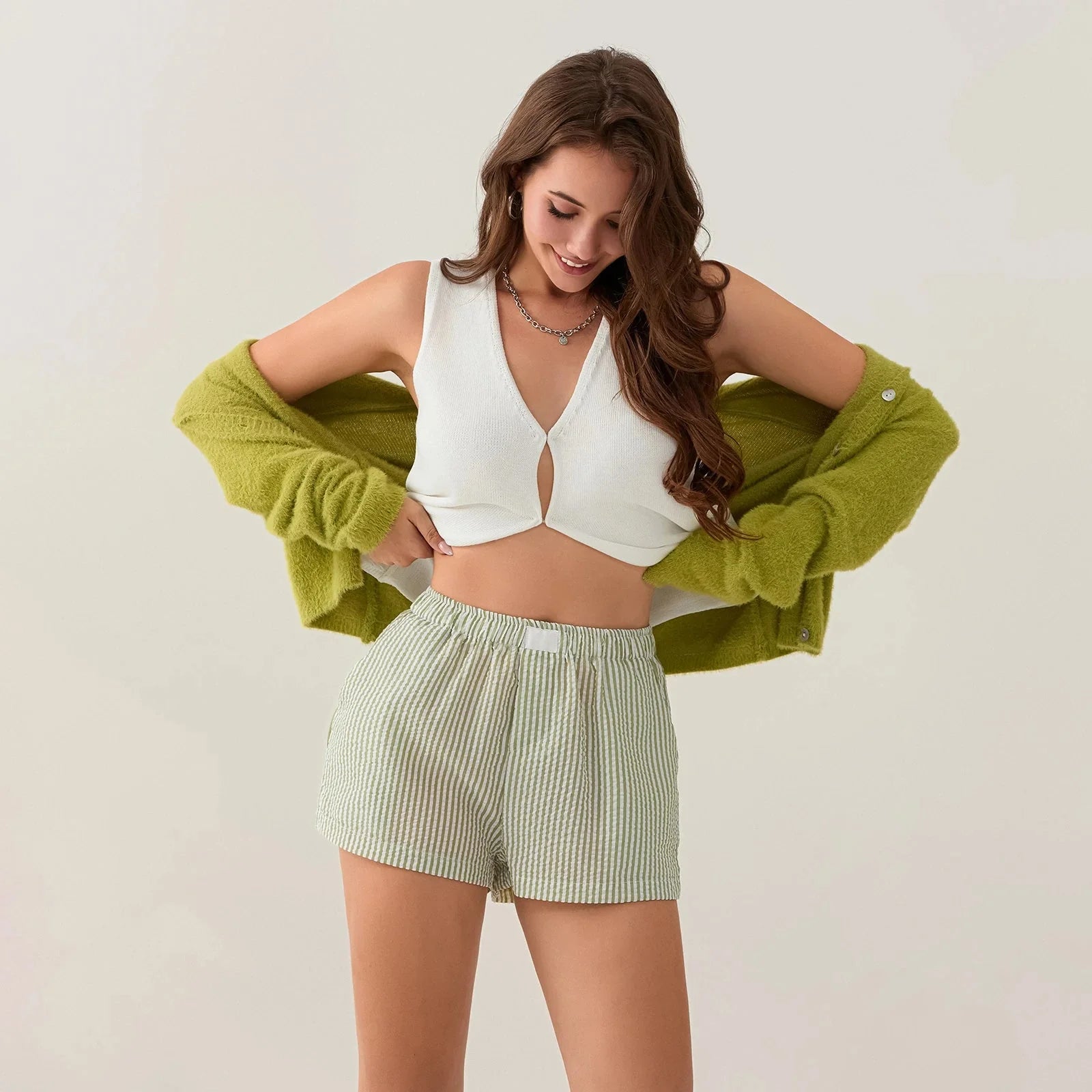Striped Side Split Elastic Waist Short