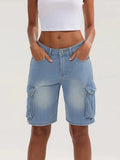 Solid Mid Rise Button Denim Short