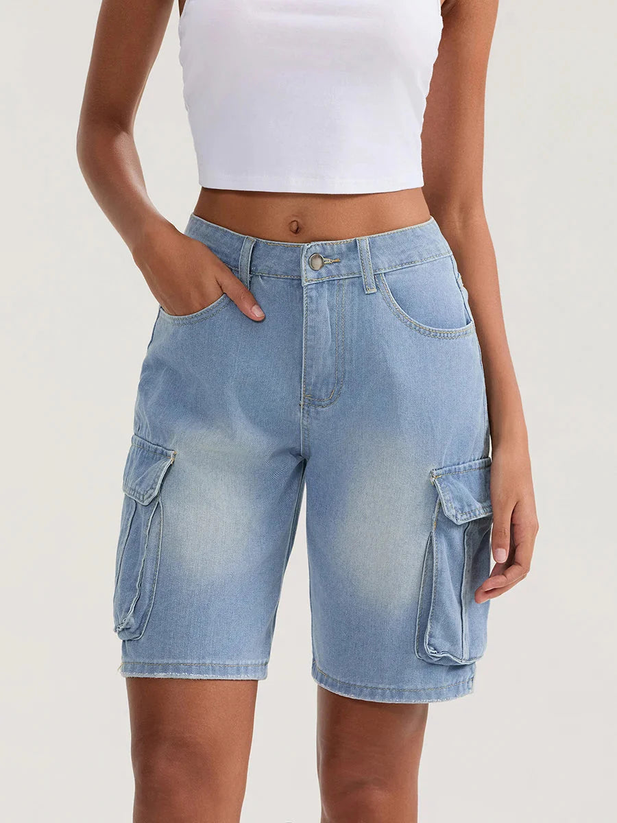Solid Mid Rise Button Denim Short