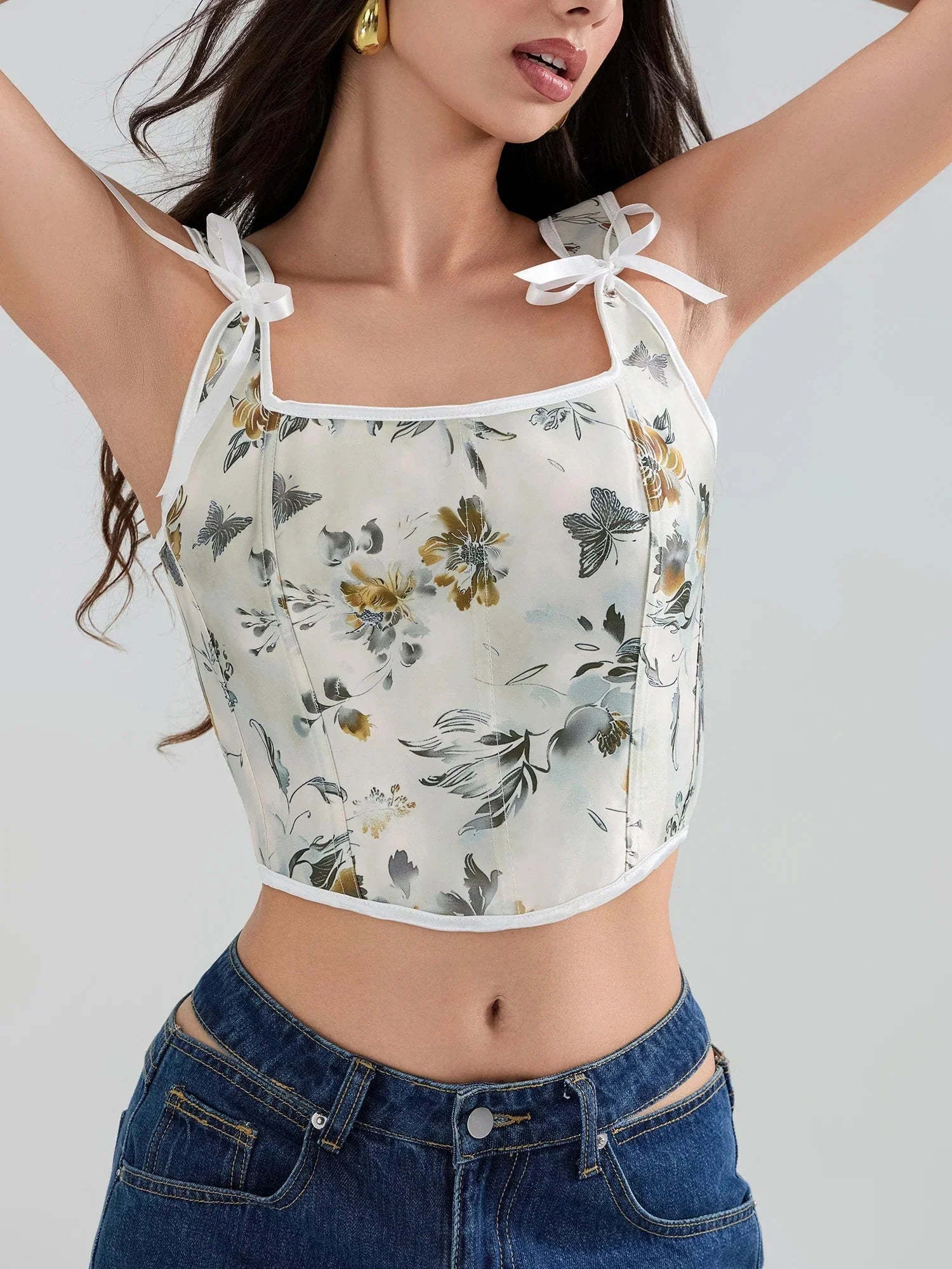 Floral Tie-back Vintage Corset Square Neck Crop Top