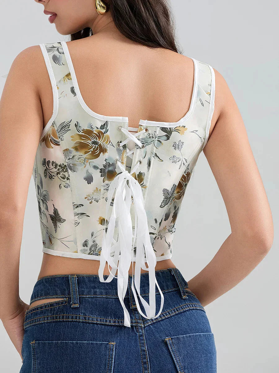 Floral Tie-back Vintage Corset Square Neck Crop Top