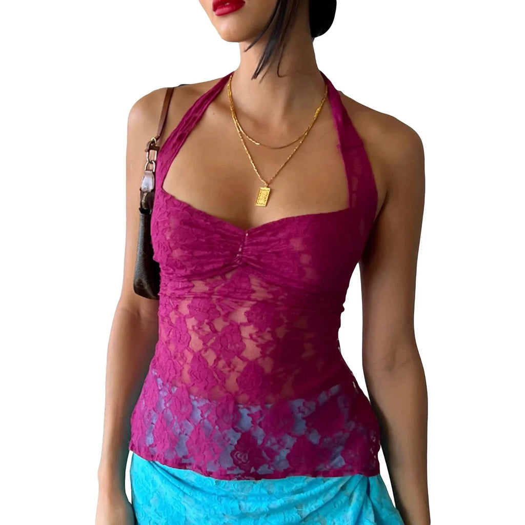 Y2K Retro Lace Sheer Mesh Backless Bandage Halter Crop Top