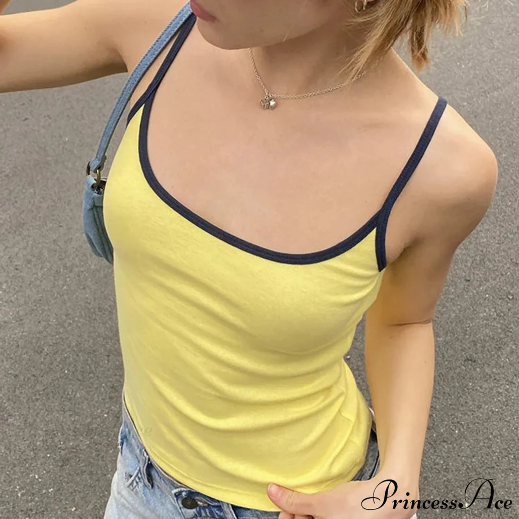 Y2K Cute Contrast Trim Spaghetti Strap Vintage Aesthetic Cottage Crop Top